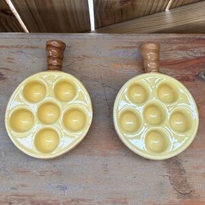 Set of 2 Vintage French Yellow & Brown Glazed Ceramic Escargot Baking Dishes